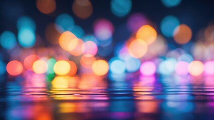 Wall Mural - colorful bokeh lights reflected on a water surface creating a vibrant abstract background in dark se