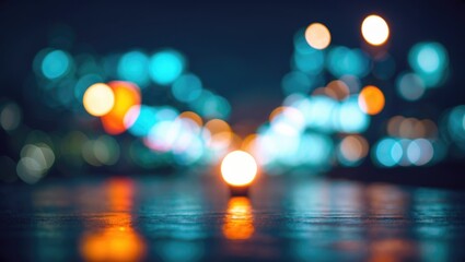 Wall Mural - blurred city lights background with bright bokeh effect and reflections on wet surface at night time