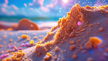 Wall Mural - close-up view of colorful sand grains on a beach with soft sunlight and bokeh effect in the backgrou