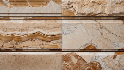 Wall Mural - Textured natural stone surface with layered patterns and earthy tones in beige and brown shades, suitable for backgrounds and architectural designs.