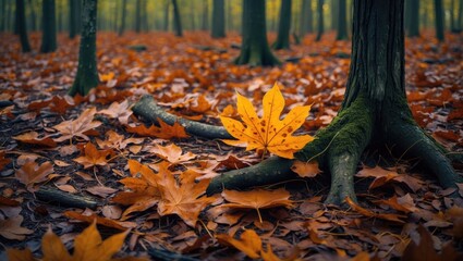 Wall Mural - vibrant autumn forest floor covered in damp oak leaves with mossy tree roots creating a picturesque 