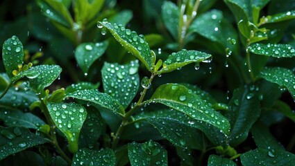 Wall Mural - fresh green leaves adorned with glistening water droplets creating a serene natural ambiance in a lu