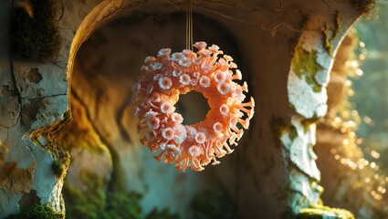 Wall Mural - coral wreath hanging in an artistic niche surrounded by nature and soft light