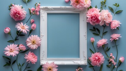 Wall Mural - Floral arrangement with pink flowers surrounding an empty white frame on a soft blue background