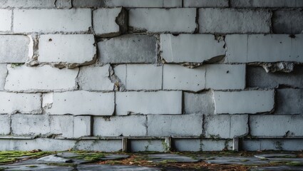 Poster - Textured concrete wall with gray and white blocks showing cracks and weathered details suitable for backgrounds or design elements.