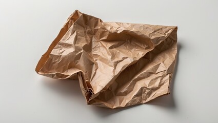 Wall Mural - crumpled brown paper sheet on a plain white background creating a textured abstract composition