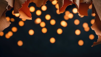 Wall Mural - close-up of torn paper revealing warm glowing bokeh lights on a dark background for creative visual 