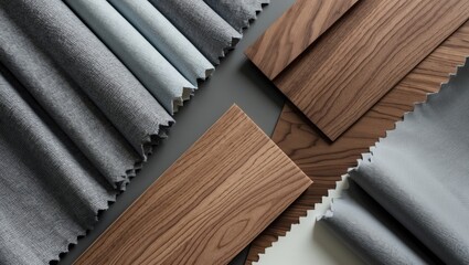 Canvas Print - Textile and wood samples in various shades of gray and brown displayed on a neutral surface for interior design concepts