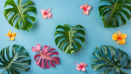 Sticker - Colorful tropical monstera leaves and flowers on a pastel blue background creating a vibrant summer flat lay with ample copy space.