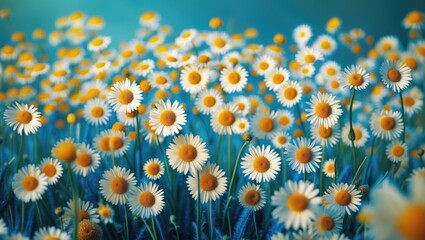 Wall Mural - vibrant field of daisy flowers in full bloom under a soft blue background showcasing nature's beauty