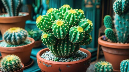 Sticker - Vibrant green cacti with yellow flowers showcased in terracotta pots creating a delightful indoor garden atmosphere.