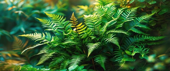 Poster - Lush green ferns and foliage in a natural setting with varied leaf shapes and textures under soft natural light