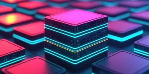 Neon Cubes: An array of glowing neon cubes in a futuristic arrangement, a visually striking depiction of modern technology and digital innovation, highlighting the dynamic interplay of light and form.
