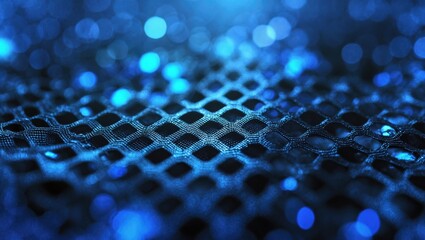 Wall Mural - Blue textured mesh with bokeh lights background in a diagonal perspective high detail close up shot