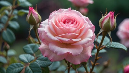 Wall Mural - Pink rose in full bloom surrounded by rose buds and green leaves with a blurred background in a natural garden setting.