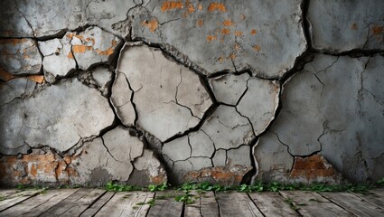 Wall Mural - Cracked concrete wall with weathered texture and wooden floor with green vegetation in urban setting