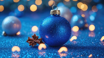 Wall Mural - blue glitter christmas ornament with star anise on shimmering surface and blurred festive lights in 