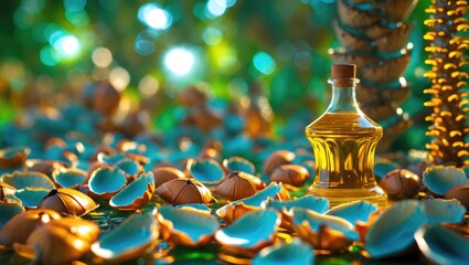 Wall Mural - abstract background with palm oil shells and glass bottle of oil surrounded by lush greenery and nat
