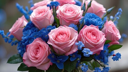 Wall Mural - Pink roses and blue flowers bouquet arranged in a decorative composition with lush green foliage in a natural setting