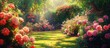 © meristock - A lush garden pathway lined with vibrant pink and red roses bathed in soft sunlight surrounded by greenery creating a tranquil and picturesque scene