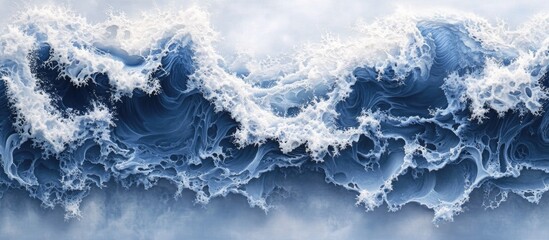 Poster - Aerial view of ocean waves in deep blue and white foam showcasing dynamic movement and beauty of sea surface textures against soft gray sky