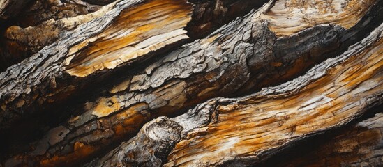 Aufkleber - Textured pine logs in warm browns and rust tones stacked closely, showcasing intricate bark details and unique natural patterns on each log.