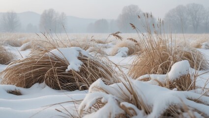 Wall Mural - snow-covered dry grass in a minimalist winter landscape with foggy trees and subtle colors creating 