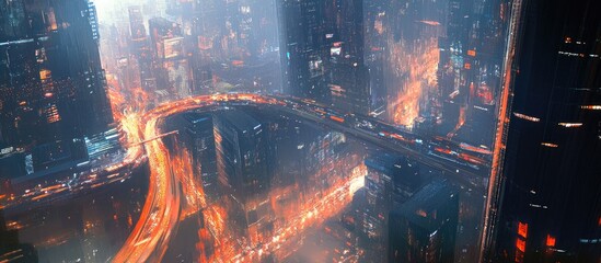 Fototapete - Aerial view of a futuristic cityscape illuminated by vibrant orange lights highlighting urban design and connectivity between skyscrapers and roads.