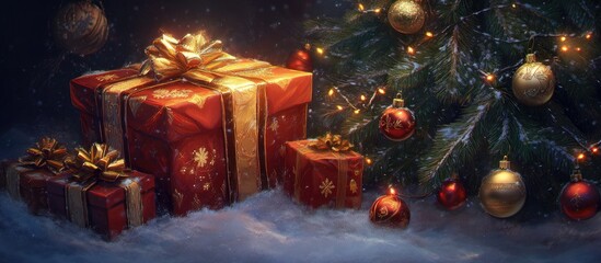 Aufkleber - Festive Christmas gifts wrapped in shiny red and gold with a decorated evergreen tree glowing with warm lights and ornaments in a snowy setting