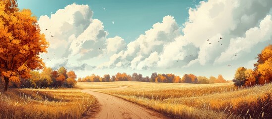 Aufkleber - Panorama of rustic autumn landscape featuring a dirt road winding through golden fields under a bright blue sky with fluffy white clouds
