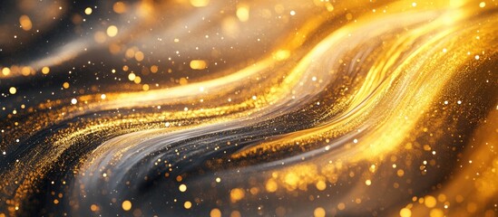 Fototapete - Golden shimmering waves on a dark background with dynamic flowing textures and scattered light reflections creating an elegant abstract scene.