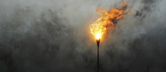 Fototapete - Flame from a match ignites against a grey smoky backdrop, illuminating surroundings with warm orange light amidst muted tones in the background.
