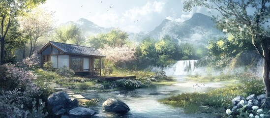 Poster - Serene landscape with a quaint wooden house beside a flowing river, surrounded by lush green trees and blooming flowers under a bright sky.