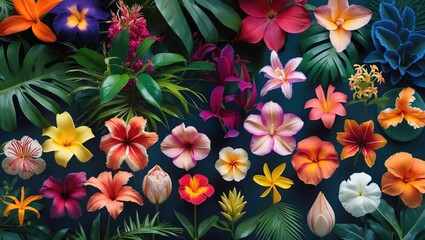 Sticker - Vibrant Collection of Thai Tropical Flowers Against Dark Background Nature and Floral Aesthetics