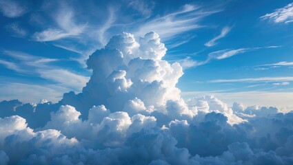 Wall Mural - fluffy white clouds in a bright blue sky with wispy cloud formations during daytime lighting conditi