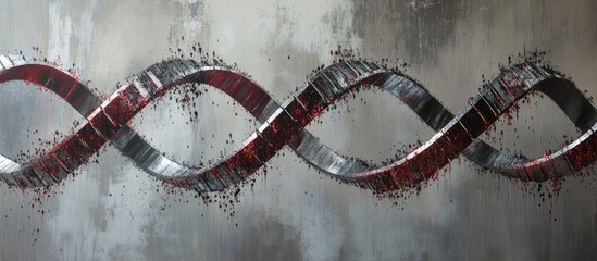 Fototapete - Abstract helix line structure in red and silver tones interwoven with metallic particles against a textured gray background creating depth and intrigue