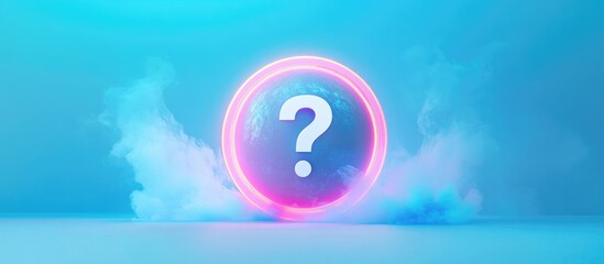 Fototapete - Vibrant blue backdrop with a glowing blue circle and a bright white question mark at the center, surrounded by wispy smoke elements.