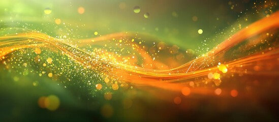 Fototapete - Dynamic abstract illustration with flowing orange and green lines, shimmering particles, and a vibrant interplay of light and movement on a blurred background.