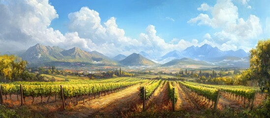 Aufkleber - Vibrant vineyard rows in green under a bright blue sky with fluffy white clouds and majestic mountains in the distance create a picturesque landscape