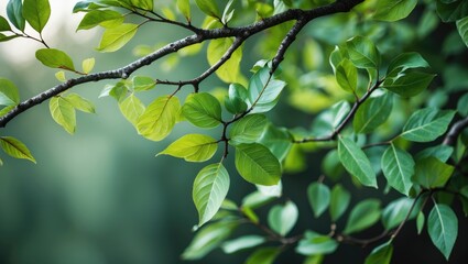 Poster - Green leaves on a branch with a soft blurred background emphasizing natural foliage in daylight.