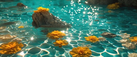 Wall Mural - serene turquoise water with vibrant yellow flowers and glimmering light reflections in a tranquil na