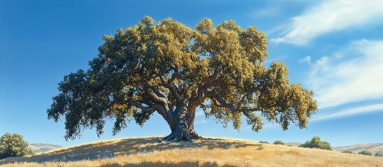 Poster - Majestic ancient oak tree in lateral view with vibrant green leaves against a bright clear blue sky and golden grassy hill in foreground