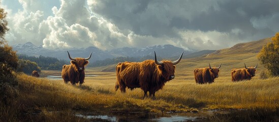 Aufkleber - Highland Cattle grazing in a lush green field under a dramatic cloudy sky with mountains in the background creating a serene natural landscape