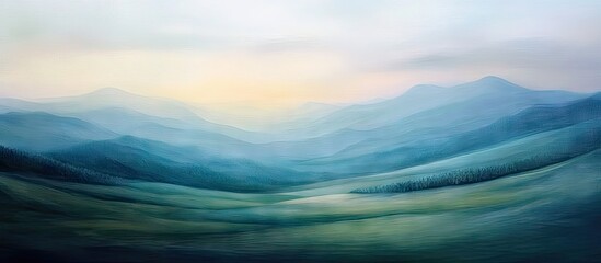 Poster - Serene dawn over soft-focus summer mountains with gentle blue and green hues creating a peaceful landscape bathed in early morning light