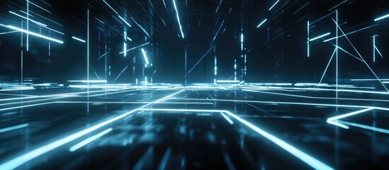 Fototapete - Futuristic cityscape with vibrant glowing blue lines intersecting a dark background, creating an innovative and interconnected urban environment.