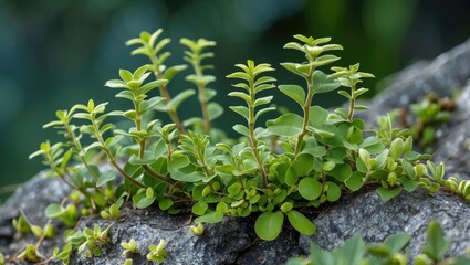 Sticker - Vibrant creeping green Dischidia nummularia plant thriving on a rocky surface in a natural outdoor setting showcasing lush foliage