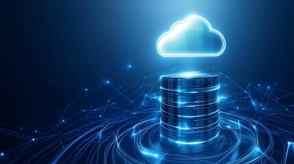 A glowing cloud above digital server stacks, symbolizing cloud computing, secure data storage, global networking and advanced information technology