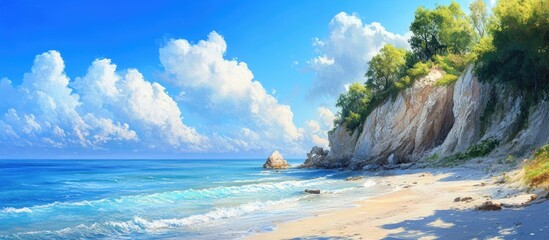 Aufkleber - Vibrant summer coastal landscape showcasing a sunny beach with bright blue sky and lush greenery on cliffs enhancing the cheerful atmosphere.
