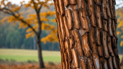 Wall Mural - Close-up of textured tree bark with autumn foliage in background depicting natural landscape with blurred trees and field