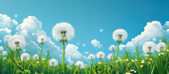 Aufkleber - Lush green spring meadow filled with white dandelions under a bright blue sky adorned with fluffy clouds creating a tranquil and vibrant atmosphere
